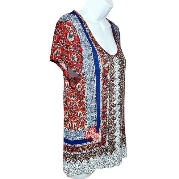 Lucky Brand Boho Top Size Small Short Sleeve Colorful Bohemian Blouse Scoop Neck - Picture 2 of 6